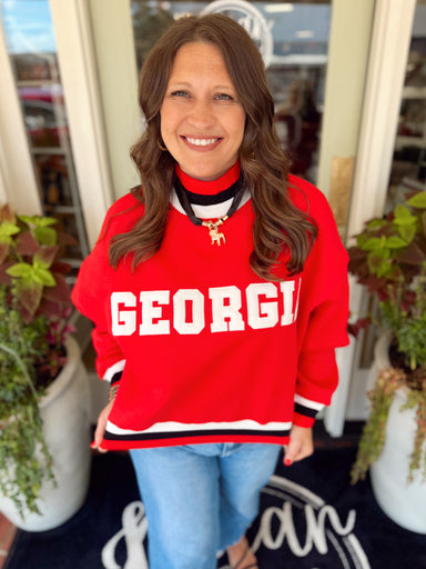 Red mockneck with "Georgia" on the front 