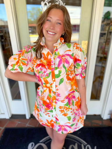 Colorful floral dress with ruffle neck