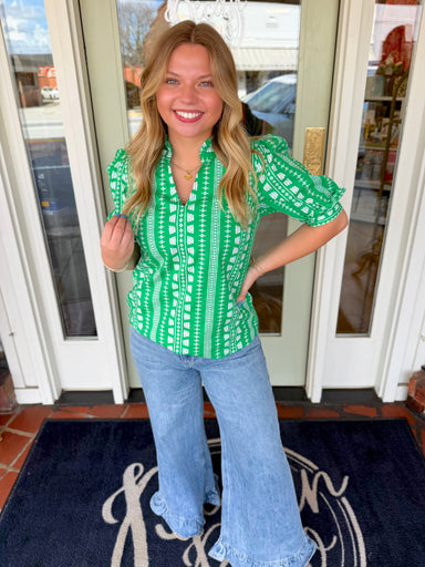 Green patterned v neck top by Mary Square 