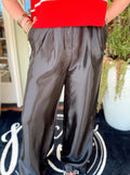 Black satin pleated pants with a high waistband