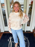Cream floral embroidered top with sheer sleeves 