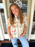 Floral smocked neck short sleeve blouse