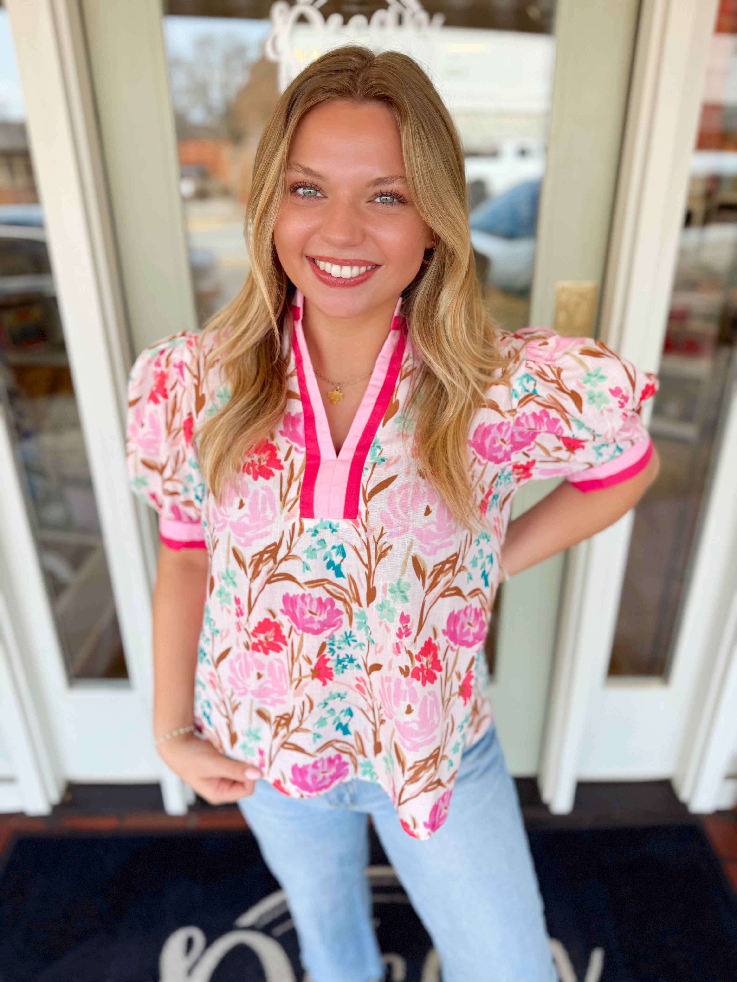 Floral v-neck top with soft puff sleeves