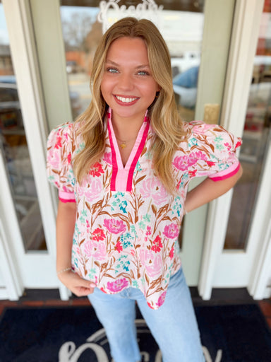 Floral v-neck top with soft puff sleeves