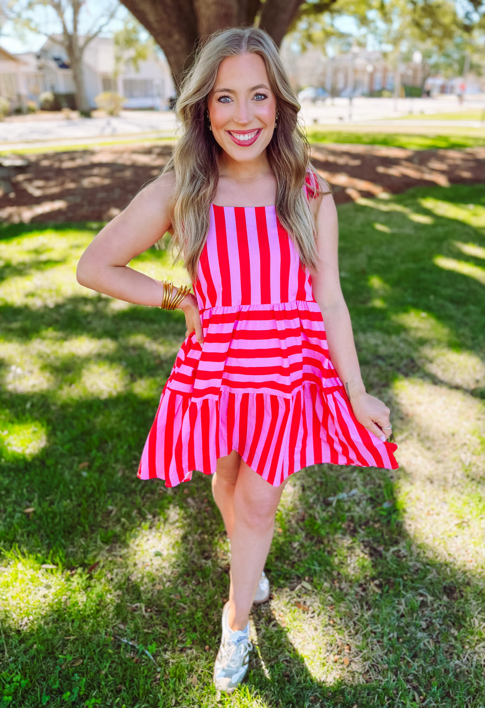 Red and pink stripe tie strap mini dress
