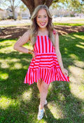 Red and pink stripe tie strap mini dress