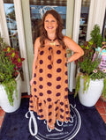 Camel and brown polka dot dress with pockets and elastic detailing at the top 