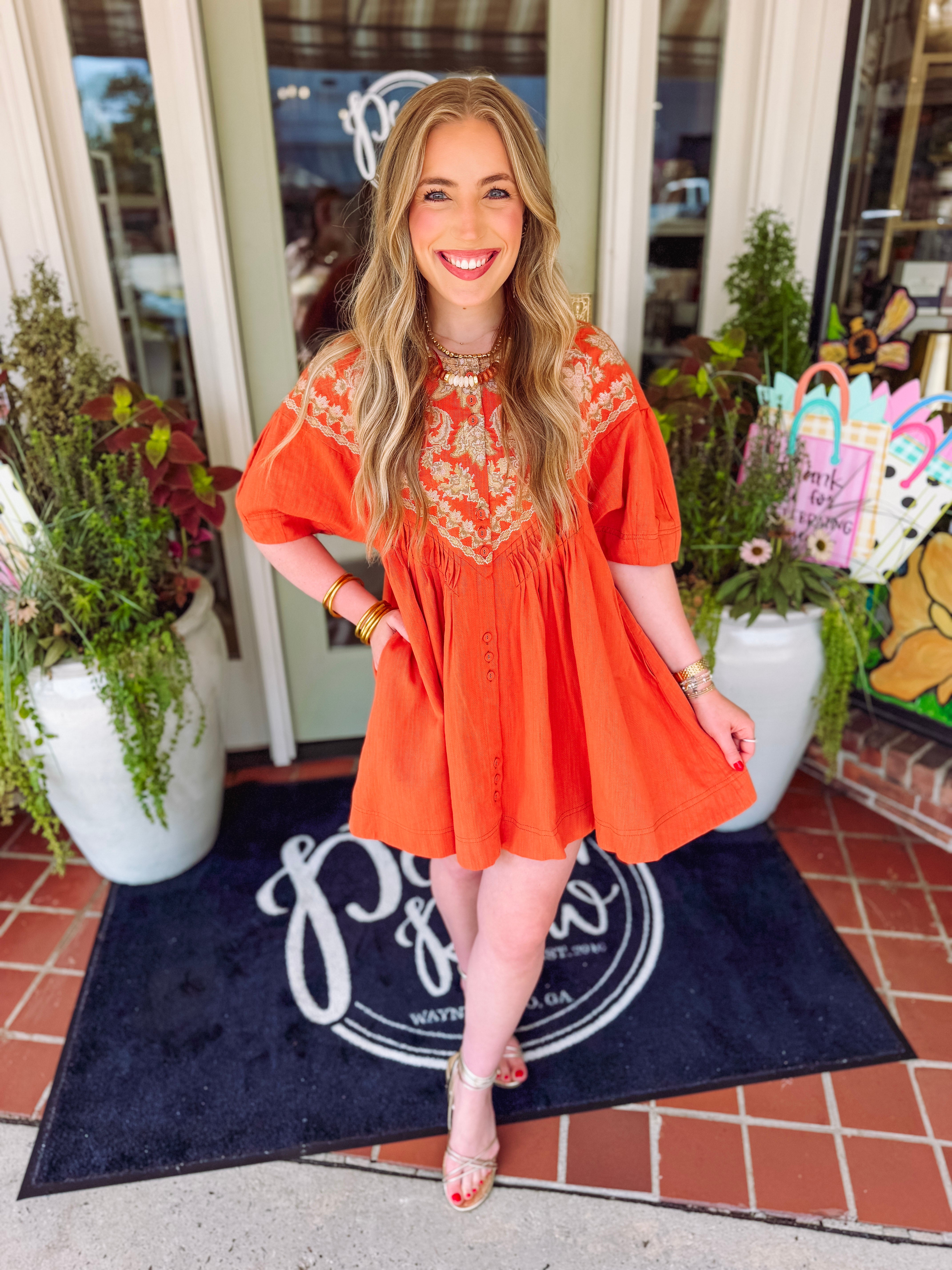 Fall rust color embroidered tunic dress with button detailing down the front