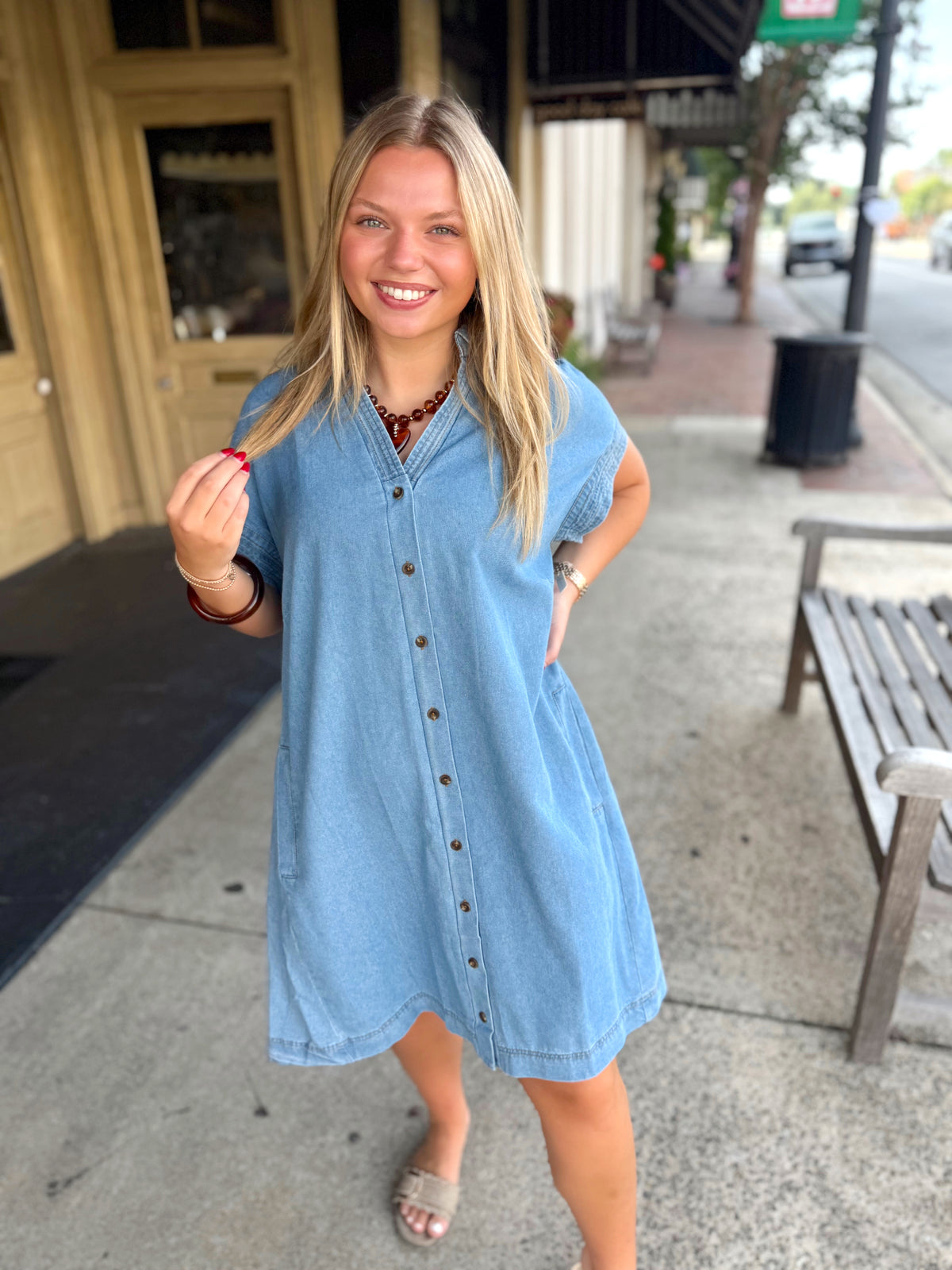 The Dolly Denim Mini Dress (S-L) — Pecan Row
