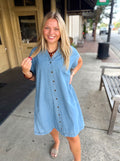 Blue denim button-down shirt dress with pockets
