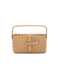  This structured handbag features an allover woven design in a warm neutral tan with a vintage-inspired top handle and gold-tone buckle detail. 