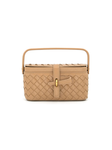 This structured handbag features an allover woven design in a warm neutral tan with a vintage-inspired top handle and gold-tone buckle detail. 