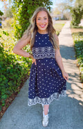 Navy embroidered sleeveless midi dress with pockets 