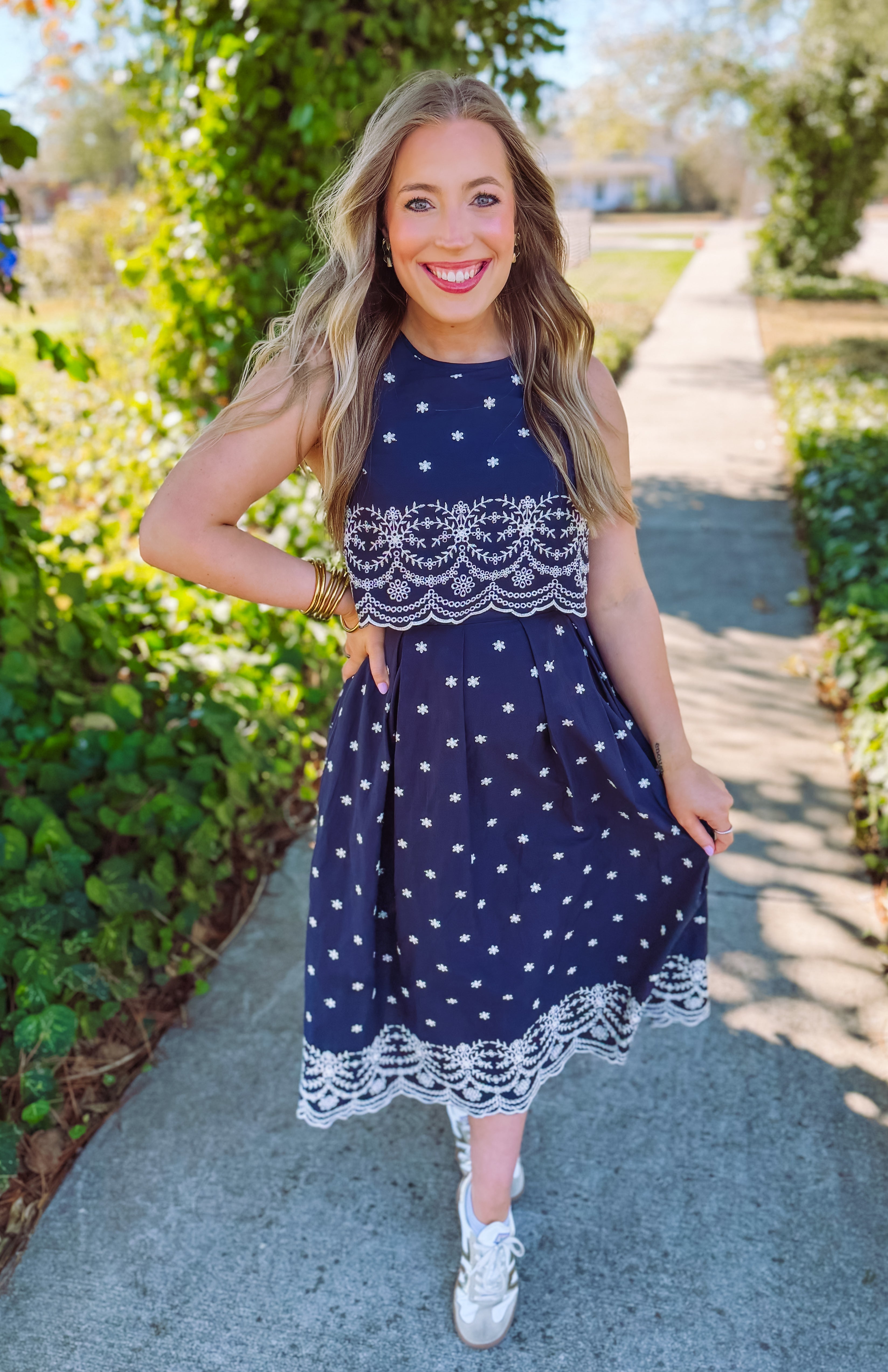 Navy embroidered sleeveless midi dress with pockets 