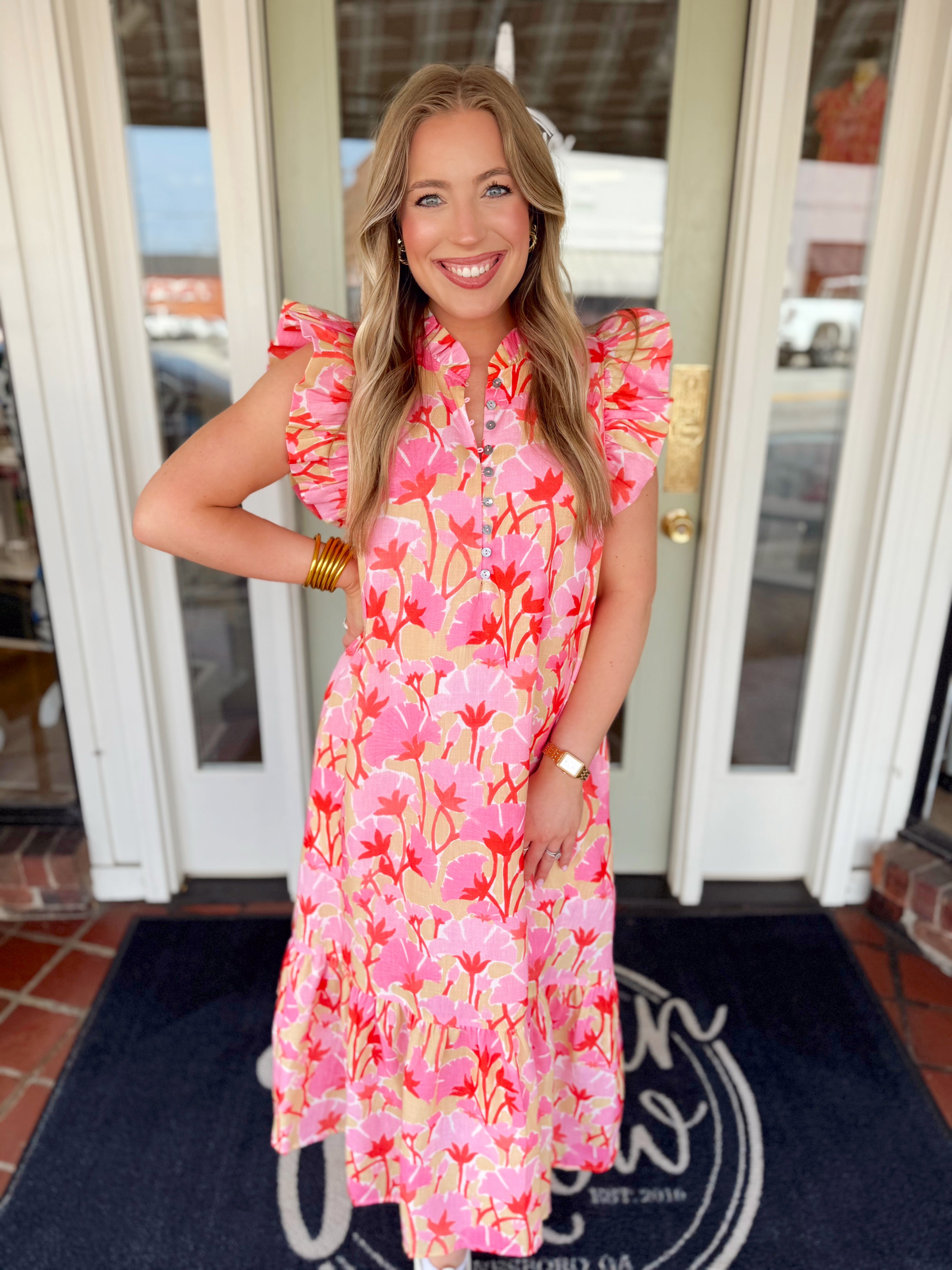 Pink and yellow floral midi dress with ruffle sleeves