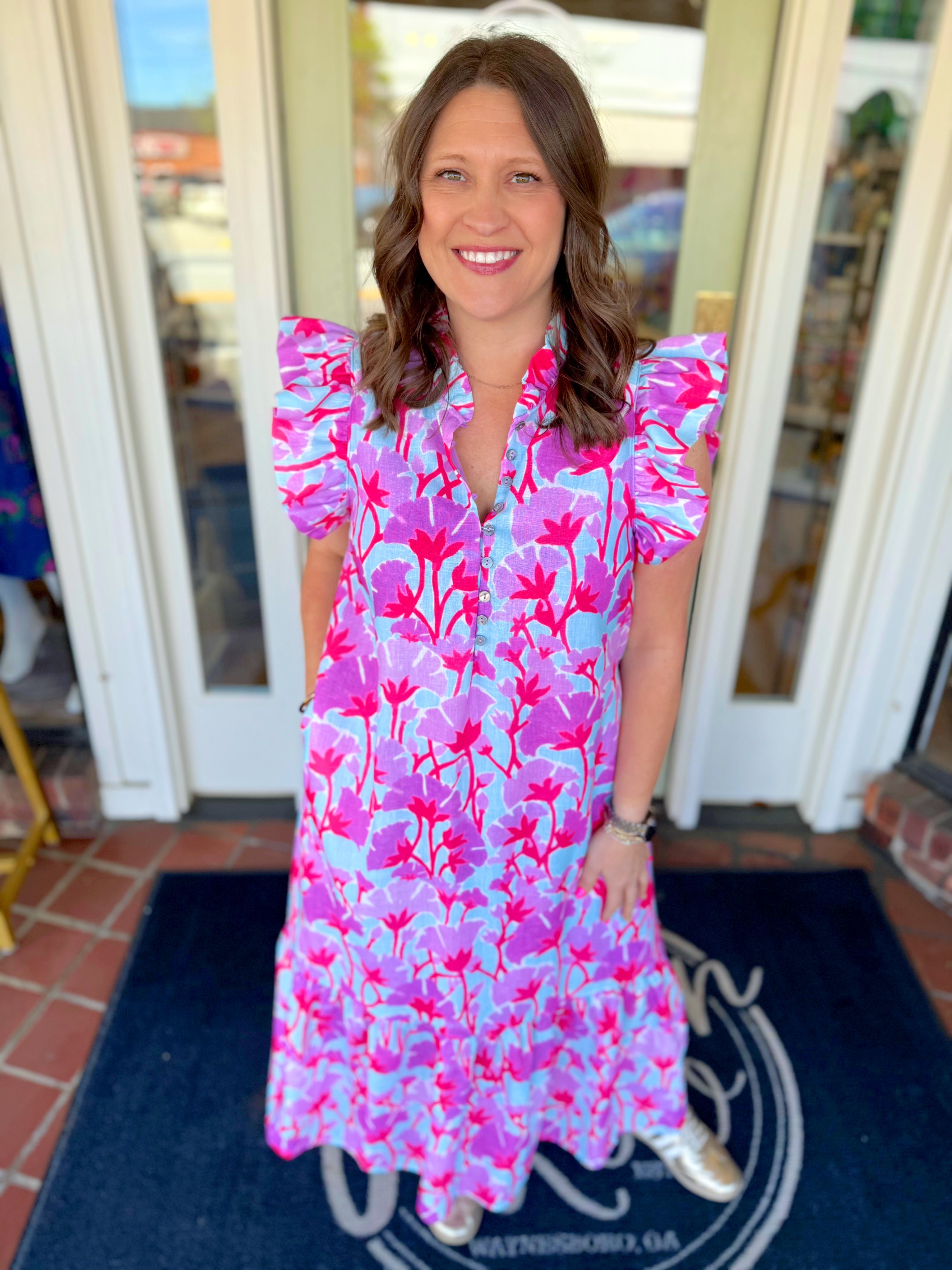 Pink purple and blue midi dress with ruffle sleeves