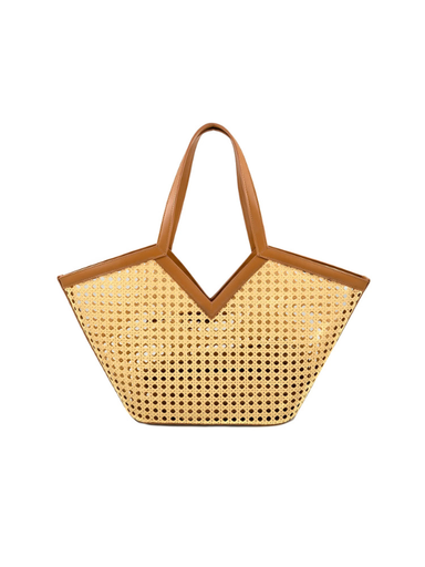Woven handbag with brown handle