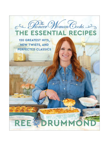 Cookbook cover featuring a woman in a kitchen with food, titled 'The Essential Recipes' by Ree Drummond.