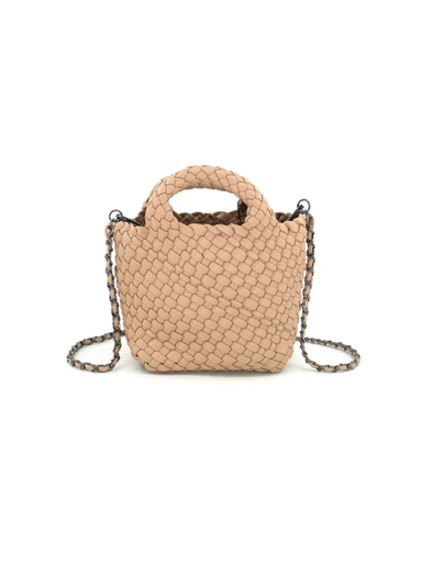 Beige woven handbag with chain detail 