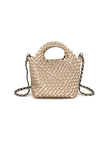 Champagne woven handbag with removable chain strap