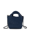 A navy blue woven leather handbag with a top handle and a thin chain shoulder strap]