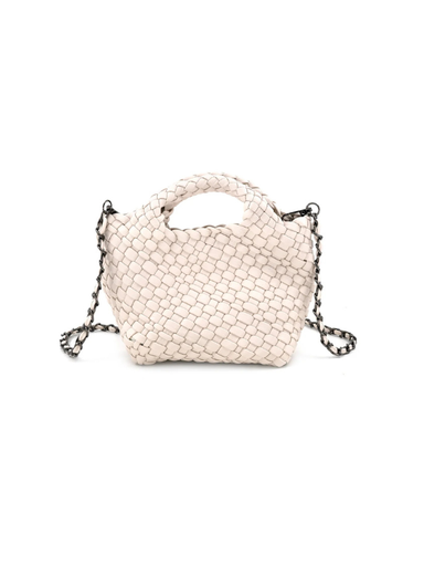 Braided white handbag with a removable crossbody chain 