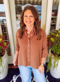 Brown and white pinstripe button down top 