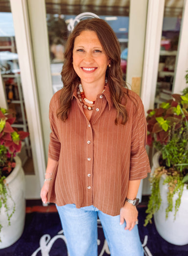 Brown and white pinstripe button down top 