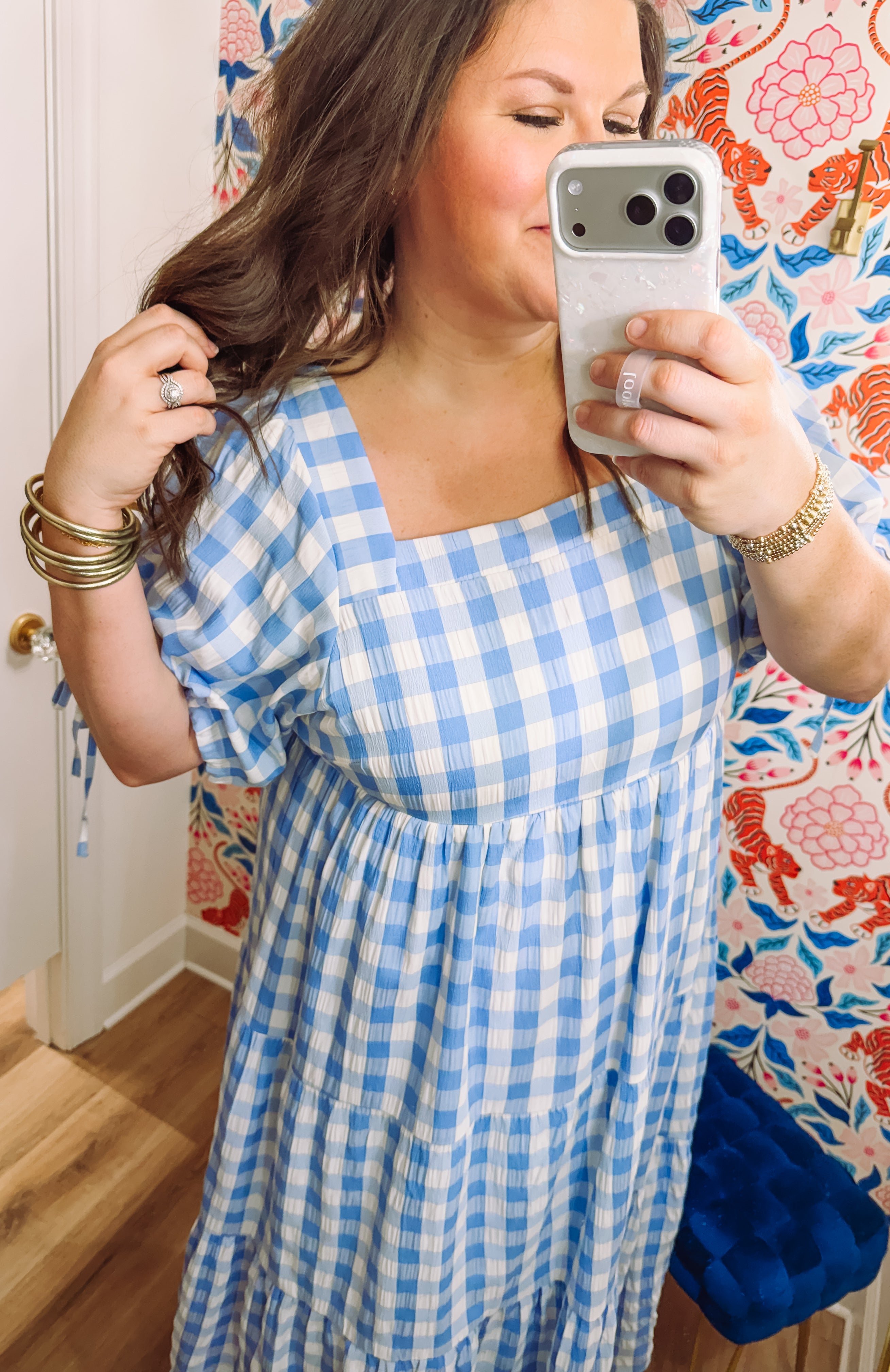 Blue and white gingham maxi dress with puff sleeves