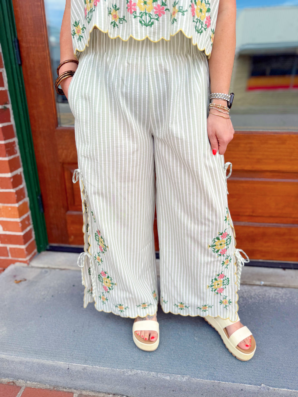 striped pants with floral design 