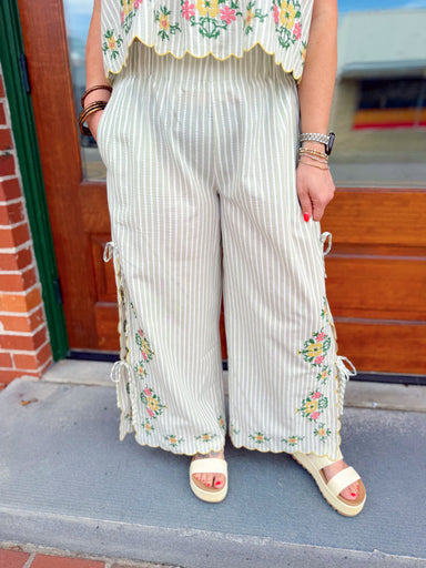 striped pants with floral design 