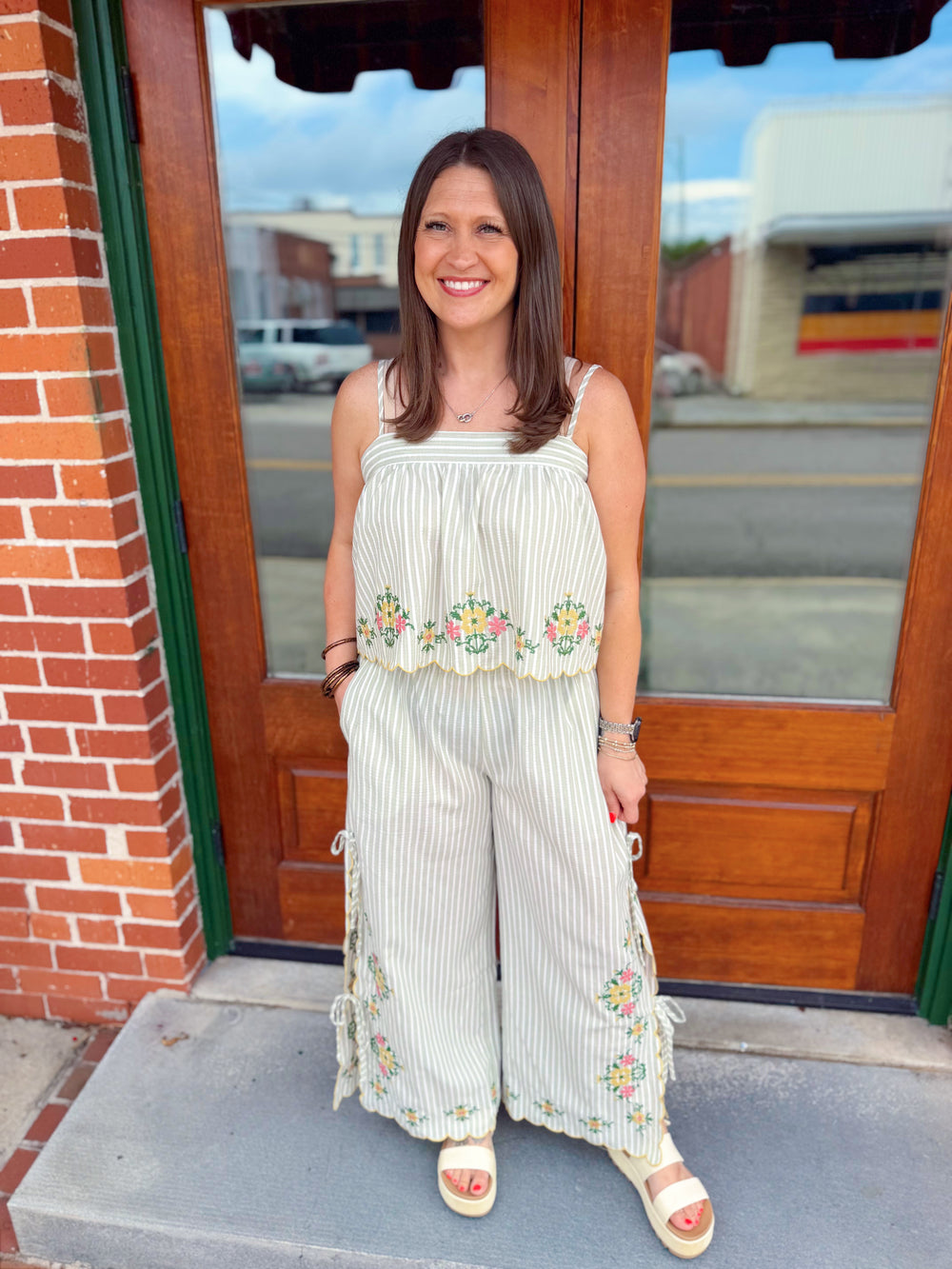 striped thin strapped thank with floral print