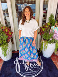 Blue floral print dress with purple and pink color flowers with pockets