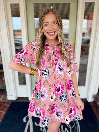 Pink floral dress with buttons down the front 