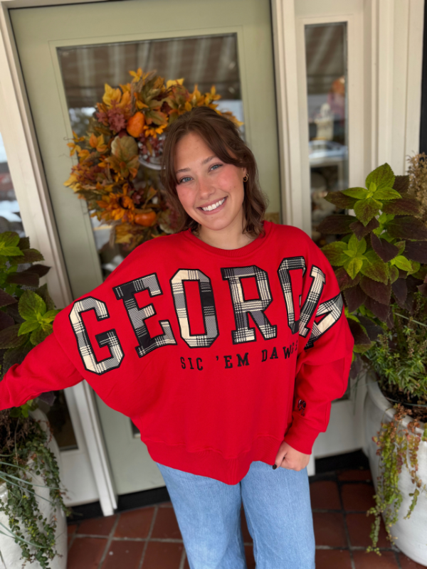 red sweatshirt with plaid Georgia on the front 