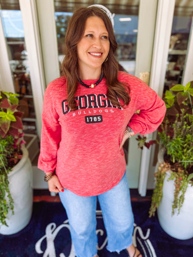 Varsity inspired ribbed textured tunic top with "Georgia Bulldogs 1785" on the front  