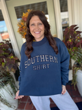 blue sweatshirt  with plaid lettering 
