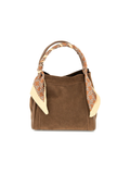 This rich chocolate brown handbag features a soft suede-like finish, structured silhouette, and an equestrian-inspired printed scarf wrapped around the top handles.