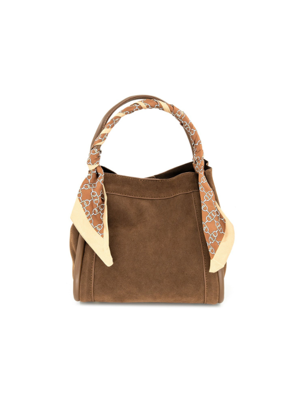 This rich chocolate brown handbag features a soft suede-like finish, structured silhouette, and an equestrian-inspired printed scarf wrapped around the top handles.