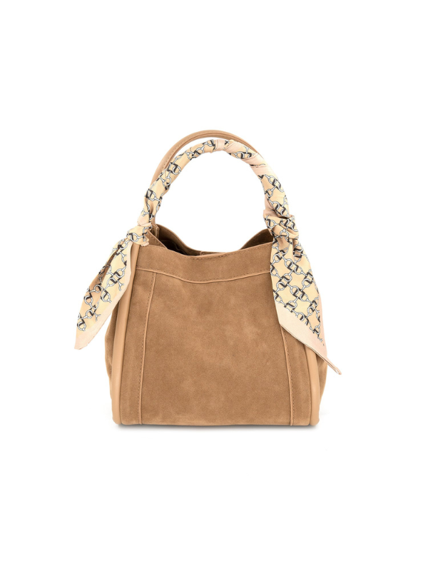 This tan handbag features a soft suede-like finish, structured silhouette, and an equestrian-inspired printed scarf wrapped around the top handles.