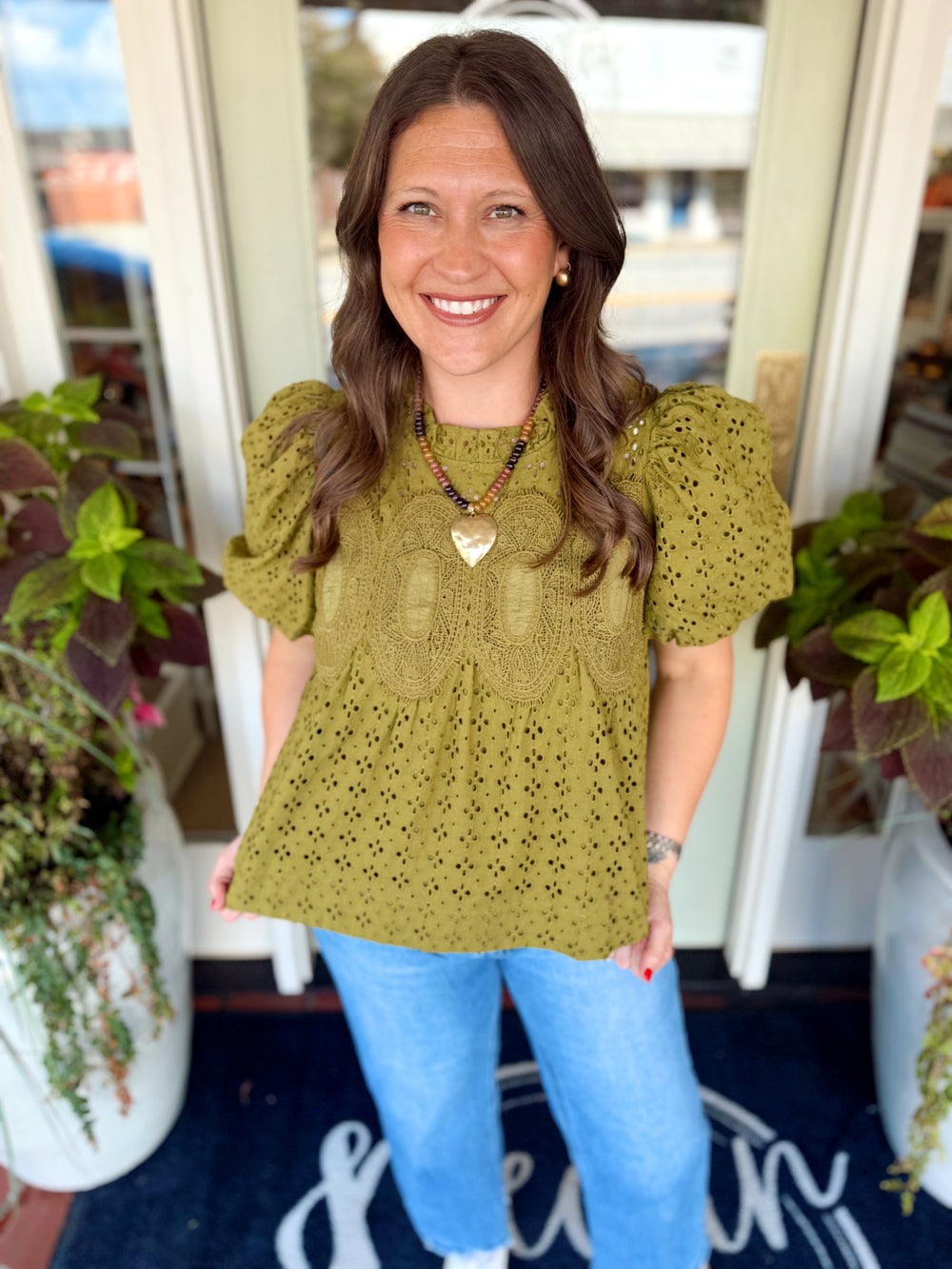 Olive eyelet puff sleeve top 