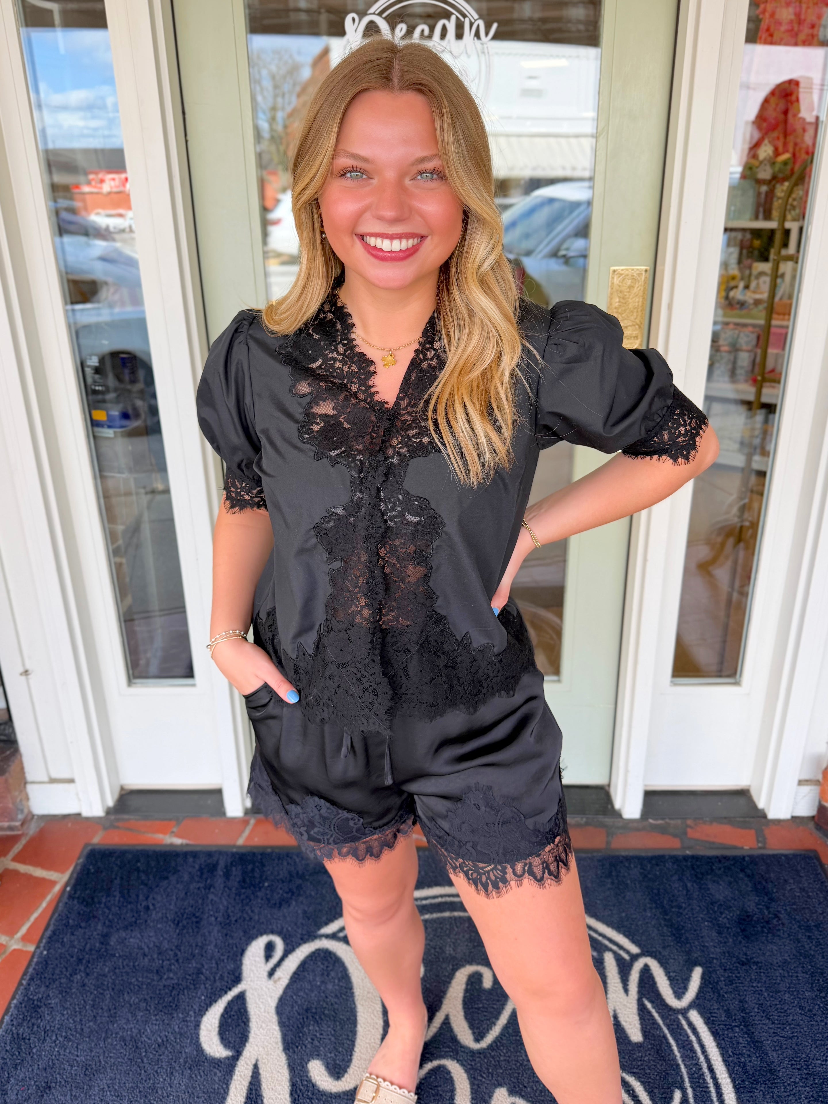 Black satin v neck lace top 