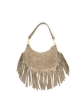This taupe shoulder bag features a soft suede-like finish with statement fringe detailing all around for the perfect touch of western-inspired style.