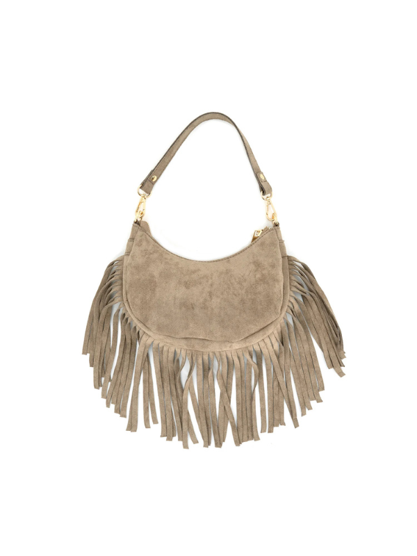 This taupe shoulder bag features a soft suede-like finish with statement fringe detailing all around for the perfect touch of western-inspired style.