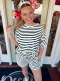 Green and cream striped short sleeve top with texture 