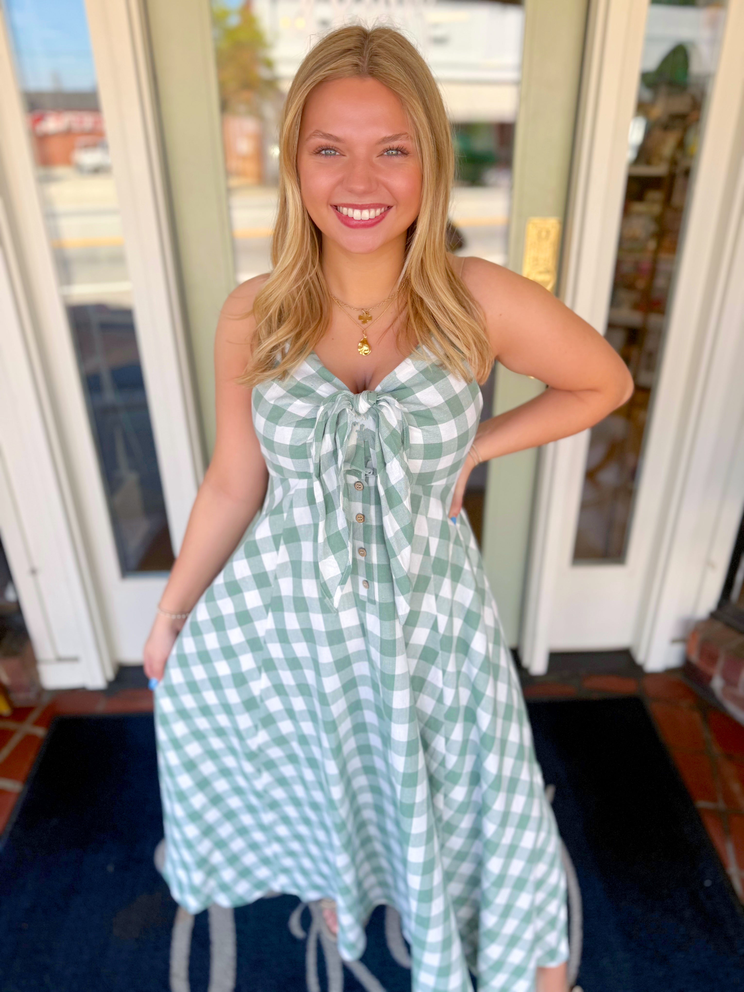 Gingham dress with front tie detailing