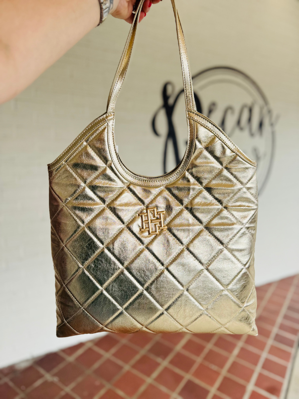 gold quilted large tote bag