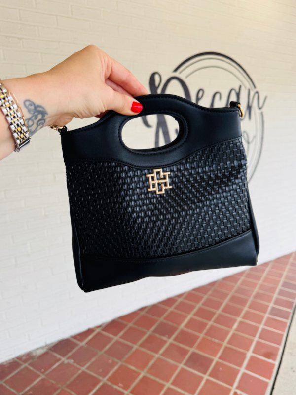 Black woven handbag with chain strap 