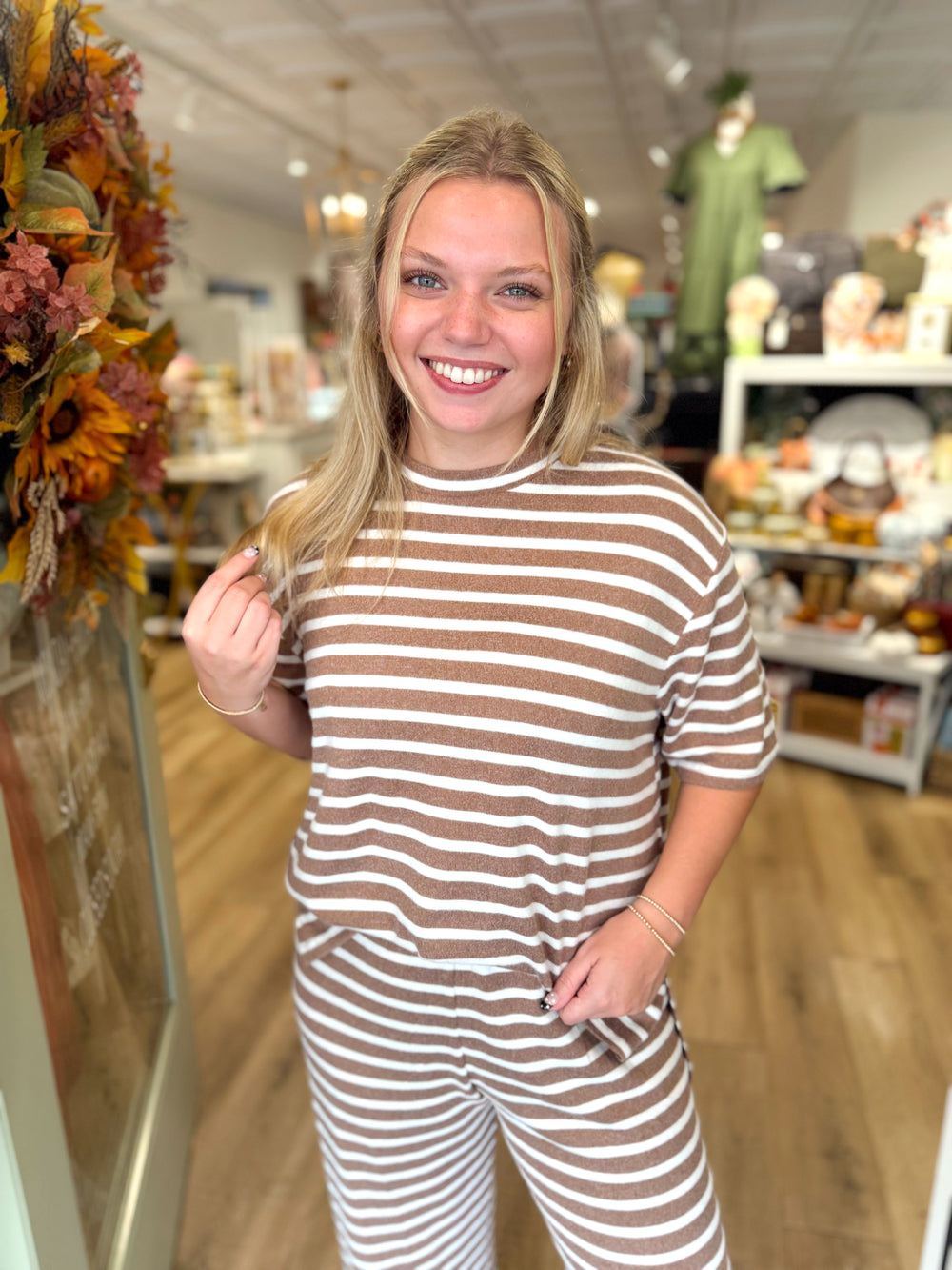 Mocha and Ivory striped short sleeve lounge top 