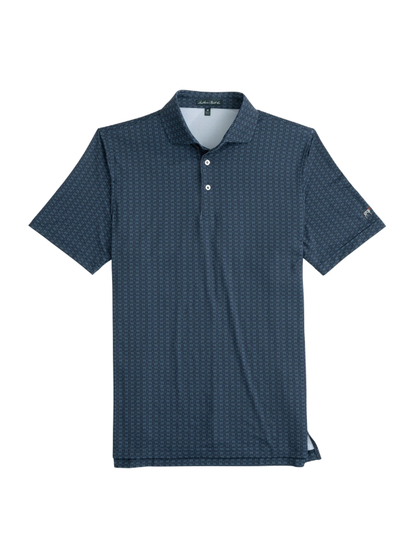 A short-sleeve polo shirt in a dark navy blue color with a small repeating geometric pattern, featuring a two-button placket and a light gray inner collar, shown against a plain white background.
